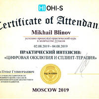 Сертификат врача-стоматолога, ортопеда, имплантолога Блинова Михаила Сергеевича от 08.2019